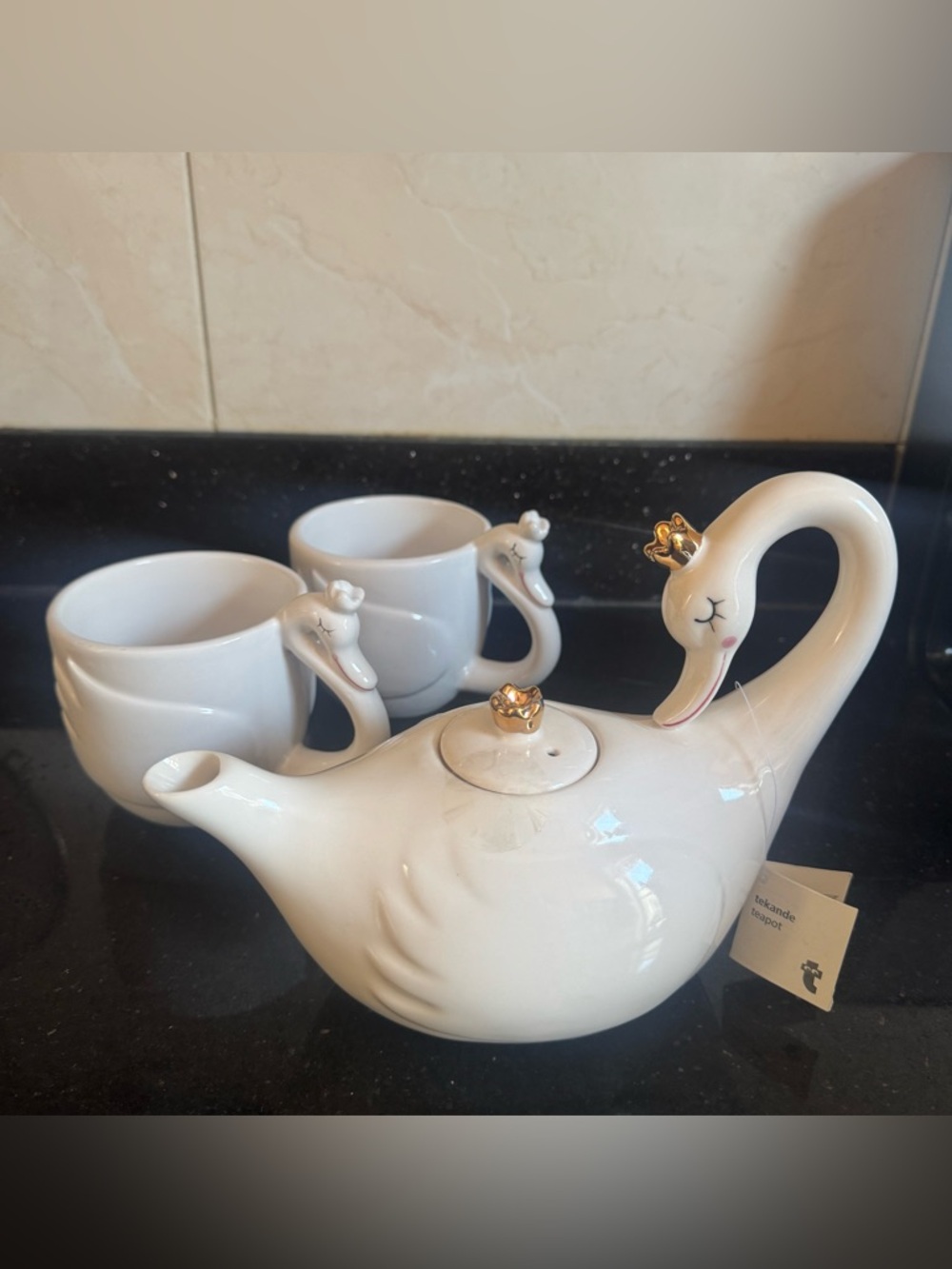 White Swan Teapot Set with Gold Crown Accents